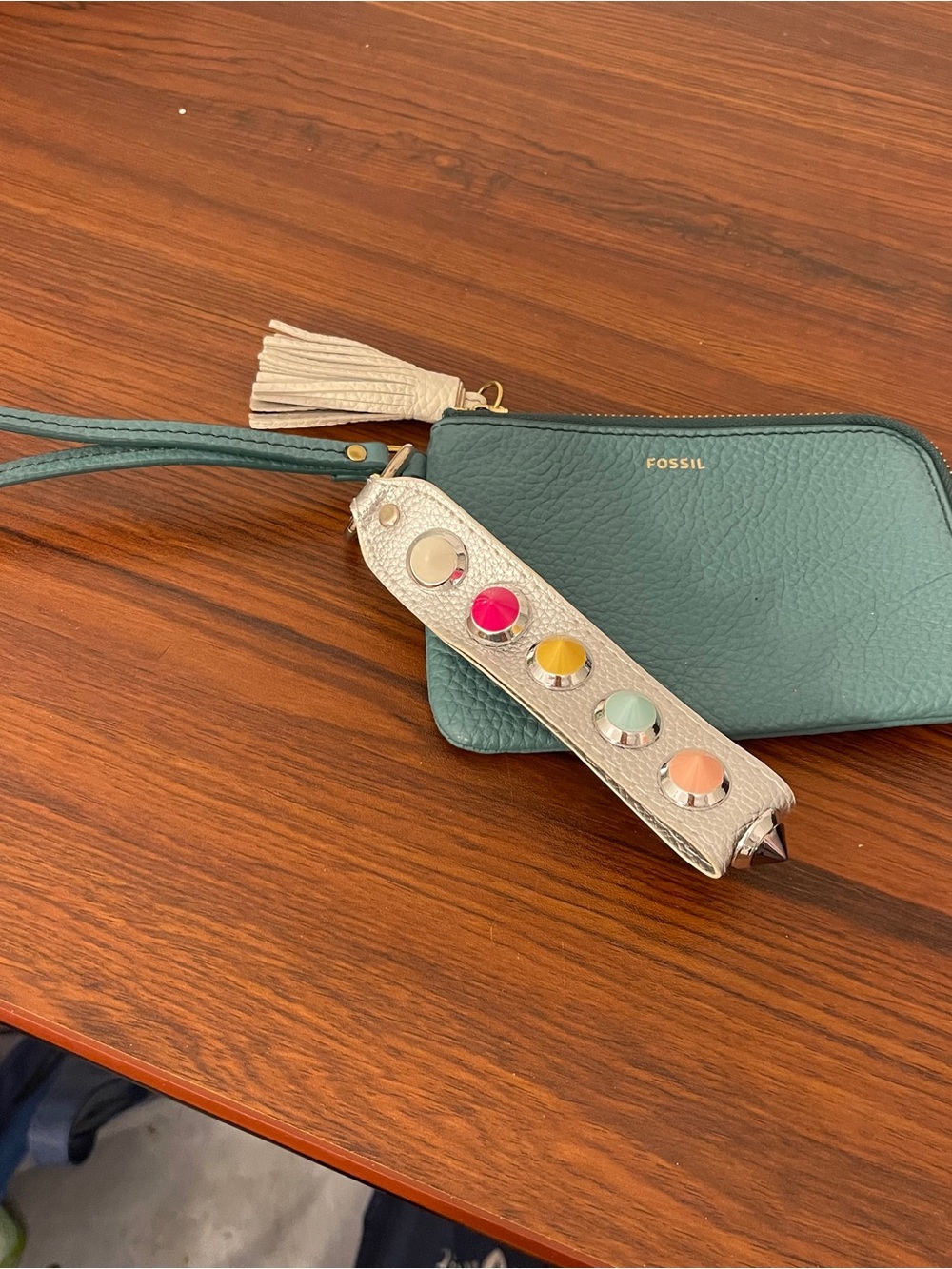 Fossil Teal Leather Wristlet with Cream Tassel and Multicolor Stud Strap